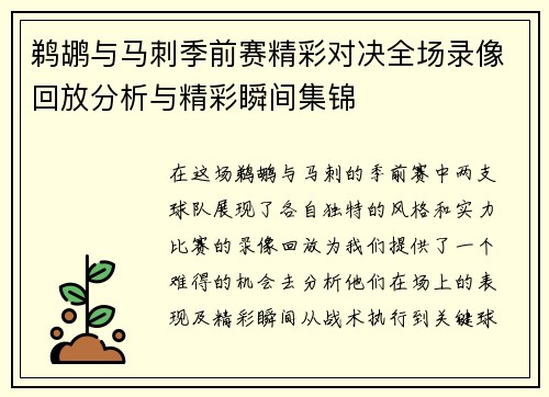 鹈鹕与马刺季前赛精彩对决全场录像回放分析与精彩瞬间集锦